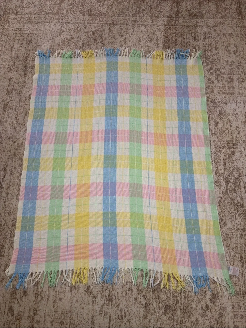 Vintage Tennessee Woolen Mills Pastel Plaid Acrylic Baby Blanket 46” x 35”